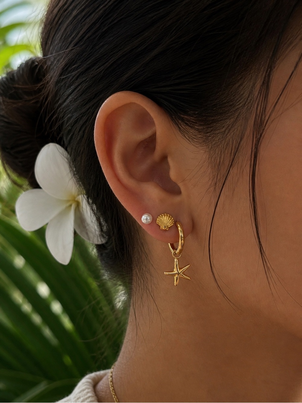 3 Piece Set - Pearl, Shell and Starfish Hoop Earrings